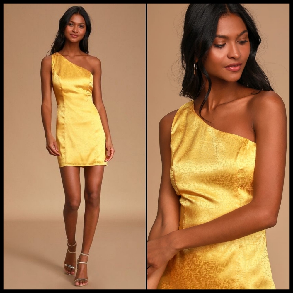 EUC Lulu's Lisette Yellow Satin One Shoulder Dress